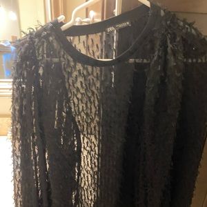 Zara size small sheet black blouse w feather detail